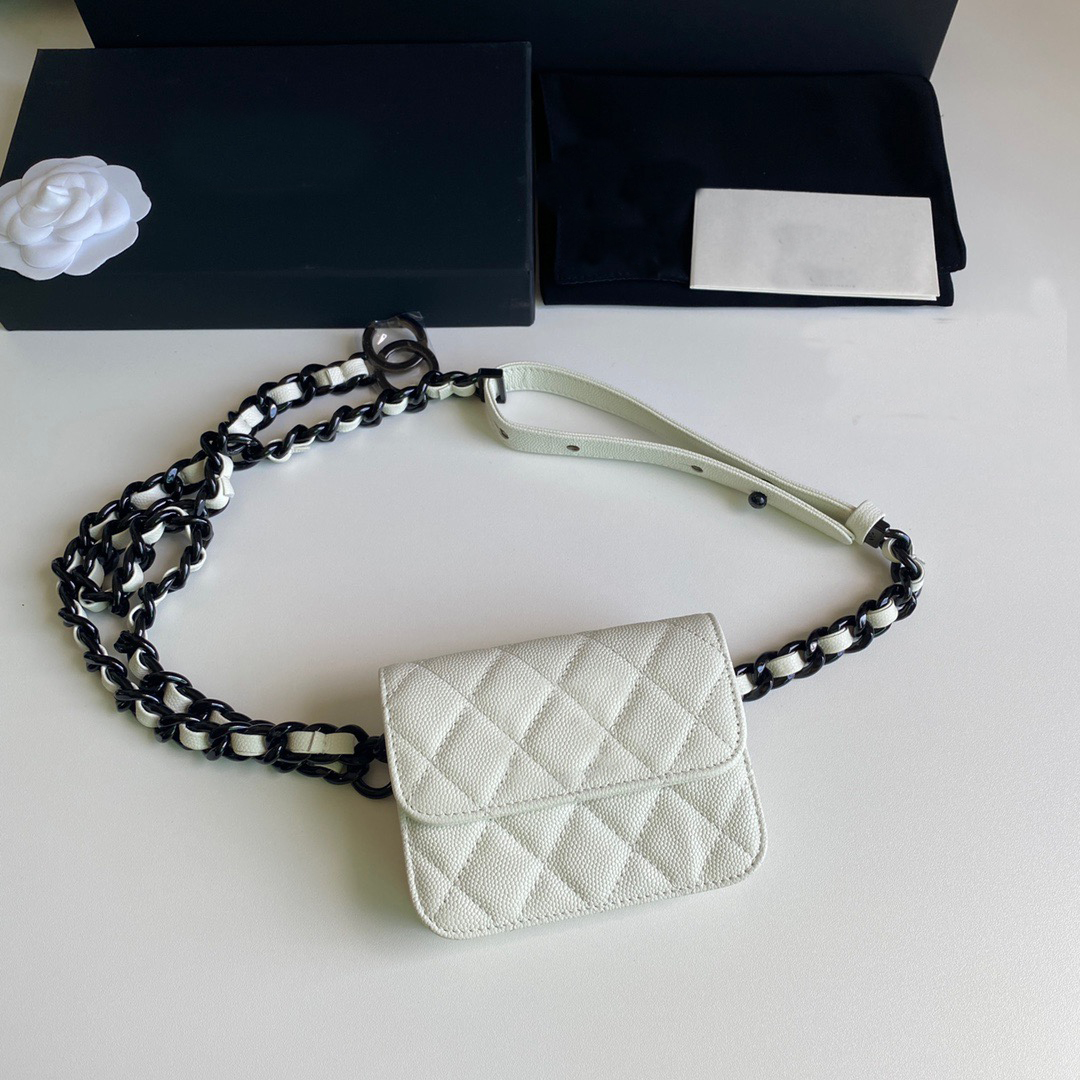 10A Black white magnetic hasp waist bag mini caviar sheepskin womens chain belt bag with complete box purses shoulder bag crossbody bag 8188