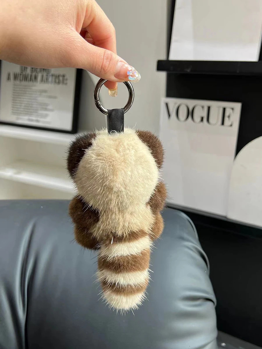 Cute Raccoon Real Mink Fur Keychain Plush Toy Trinkets Women Bag Hanging Ornaments Car Key Metal Ring Pendant Kids Classic Gift 250110