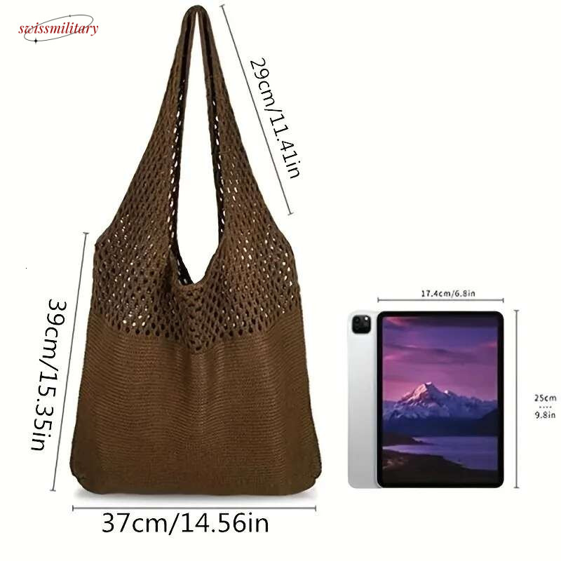 Aesthetic Hollow Out Crochet Large Capacity Shoulder Bag, Simple Knitted Tote Bag For Women swissmilitary