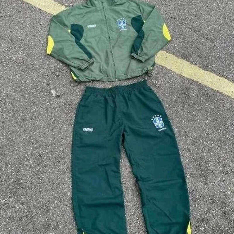 Men's and women's Brazilian printed embroidered casual windbreaker zipper sportswear fashionable pants green