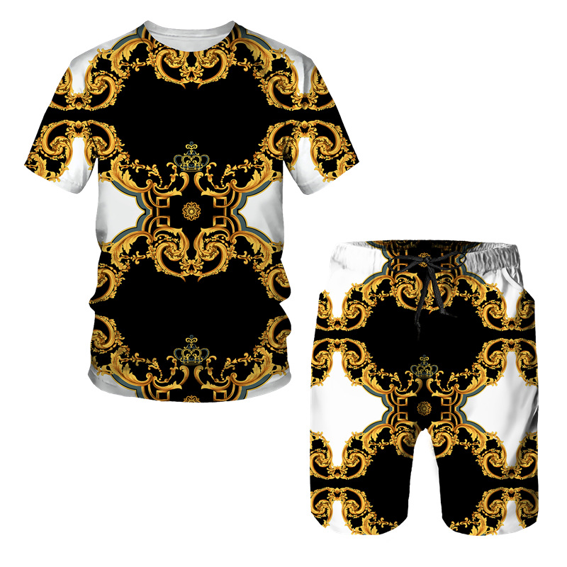 Cross-border Dunhuang men's leisure suit summer Golden lion modeling 3D printed men's T-shirt shorts two-piece set wholesale