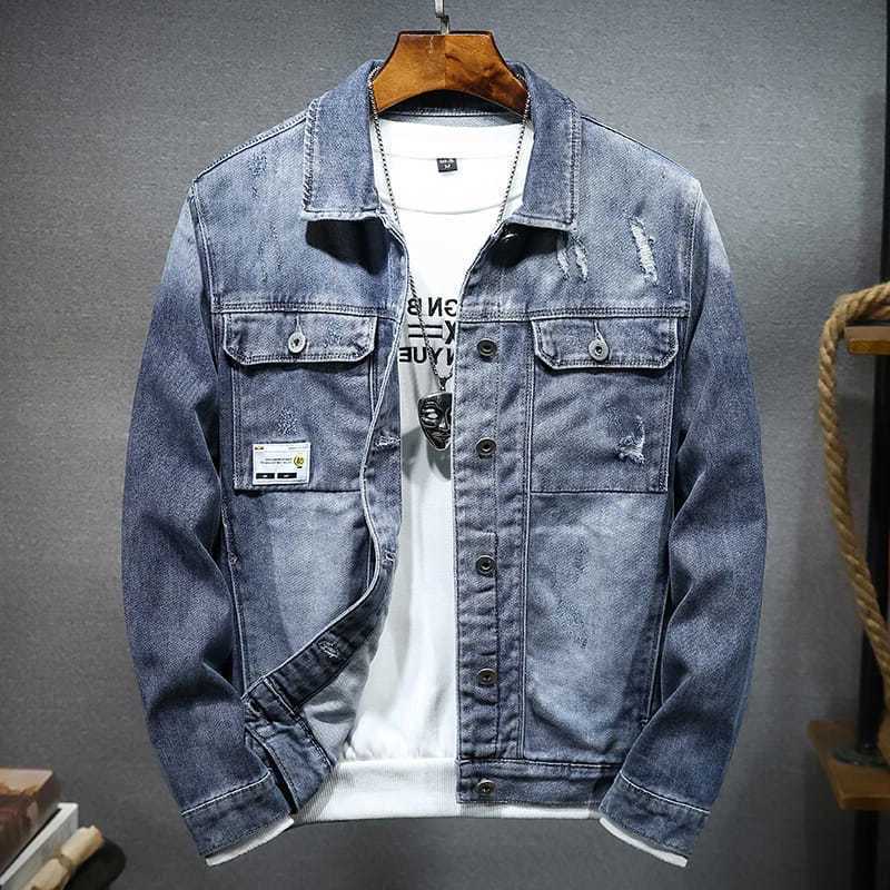 Mens Jean Coats Blue Ripped Mens Denim Jacket Wide Shoulders with Hole Menswear Clothing Cheap Price Stylish Fashion of Fabric W250116