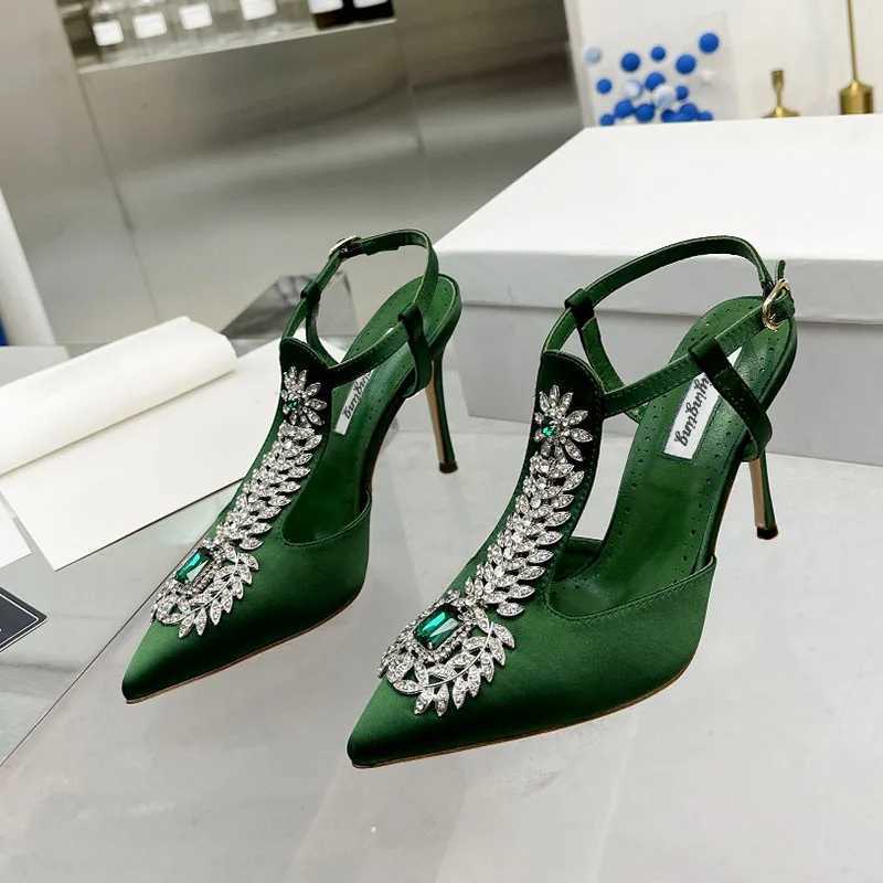 Ladies Wedding Shoes Rhine Pointed Toe High Heels Satin Gemste Stiletto Sandals 2022 New Baotou Fairy Pump Wedding ShoesXJ250116