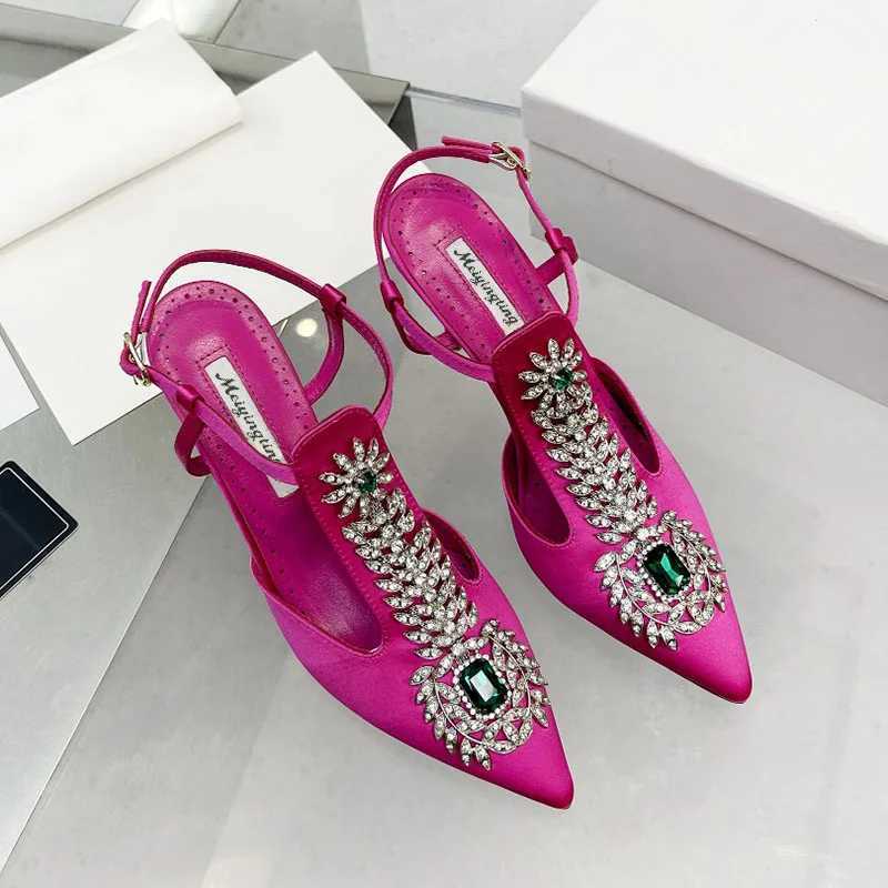 Ladies Wedding Shoes Rhine Pointed Toe High Heels Satin Gemste Stiletto Sandals 2022 New Baotou Fairy Pump Wedding ShoesXJ250116