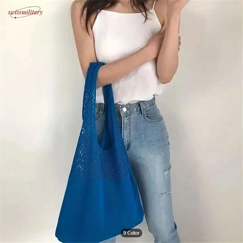 Aesthetic Hollow Out Crochet Large Capacity Shoulder Bag, Simple Knitted Tote Bag For Women swissmilitary