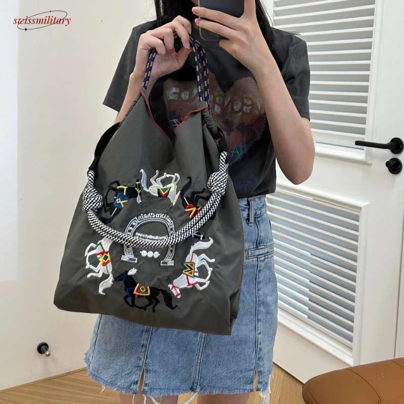 2025 Knit Large Capacity Crossbody Single Shoulder Ball Chain Embroidery Handbag Leisure Bag Student Nylon Canvas Commuting Shopping swissmilitary