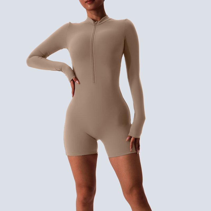 American women's one-piece high-end semi zip quick drying long sleeved short sleeved yoga suit outdoor fitness suit waist cinching and hip liftin