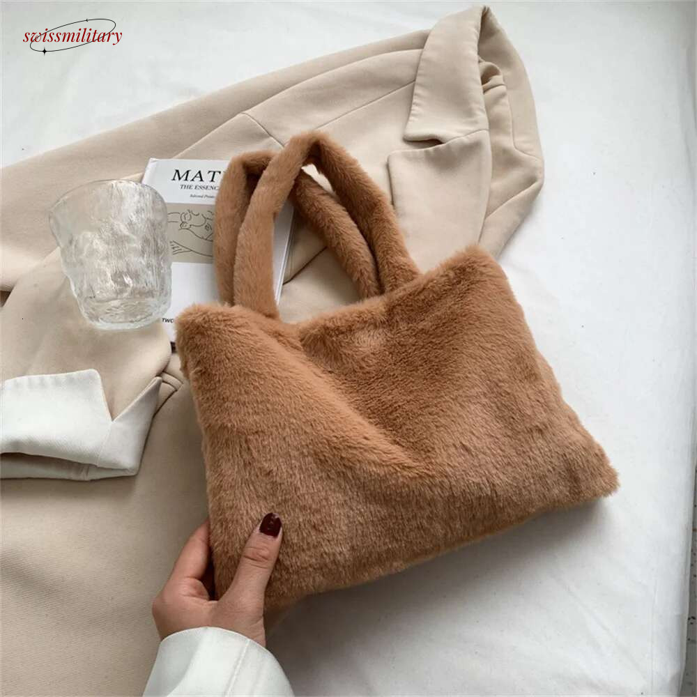Women Girls Fluffy Shopping Fashion Autumn Winter Top-handle Handbag Plush Tote Shoulder Bag swissmilitary