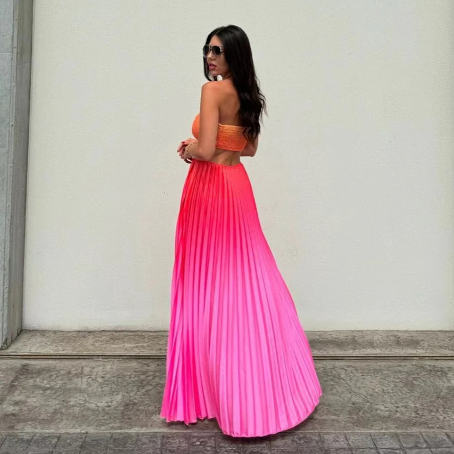 Fashion Gradient Holiday Dress Women Sexy Cut Out Backless Maxi Beach Dresses Summer Casual Loose Pleated Bohemia Outfits 2024 250113