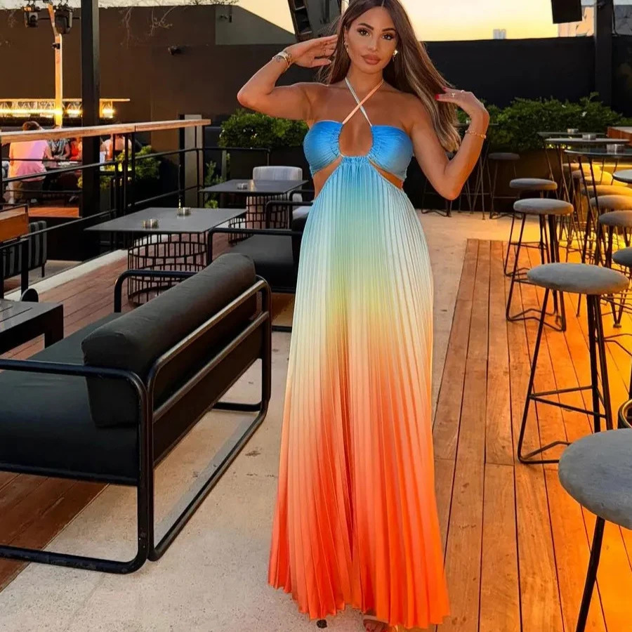 Fashion Gradient Holiday Dress Women Sexy Cut Out Backless Maxi Beach Dresses Summer Casual Loose Pleated Bohemia Outfits 2024 250113