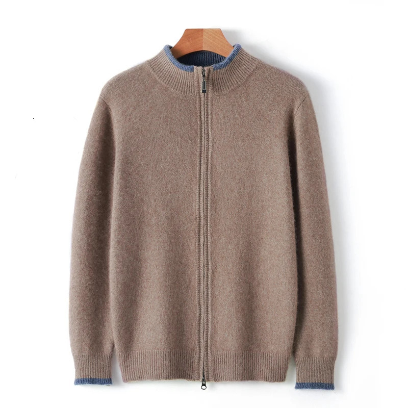 Autumn/Winter 100% Pure Cashmere Sweater Mens Half High Neck Knitted Zippered Cardigan Solid Color Wool Top Coat 250113