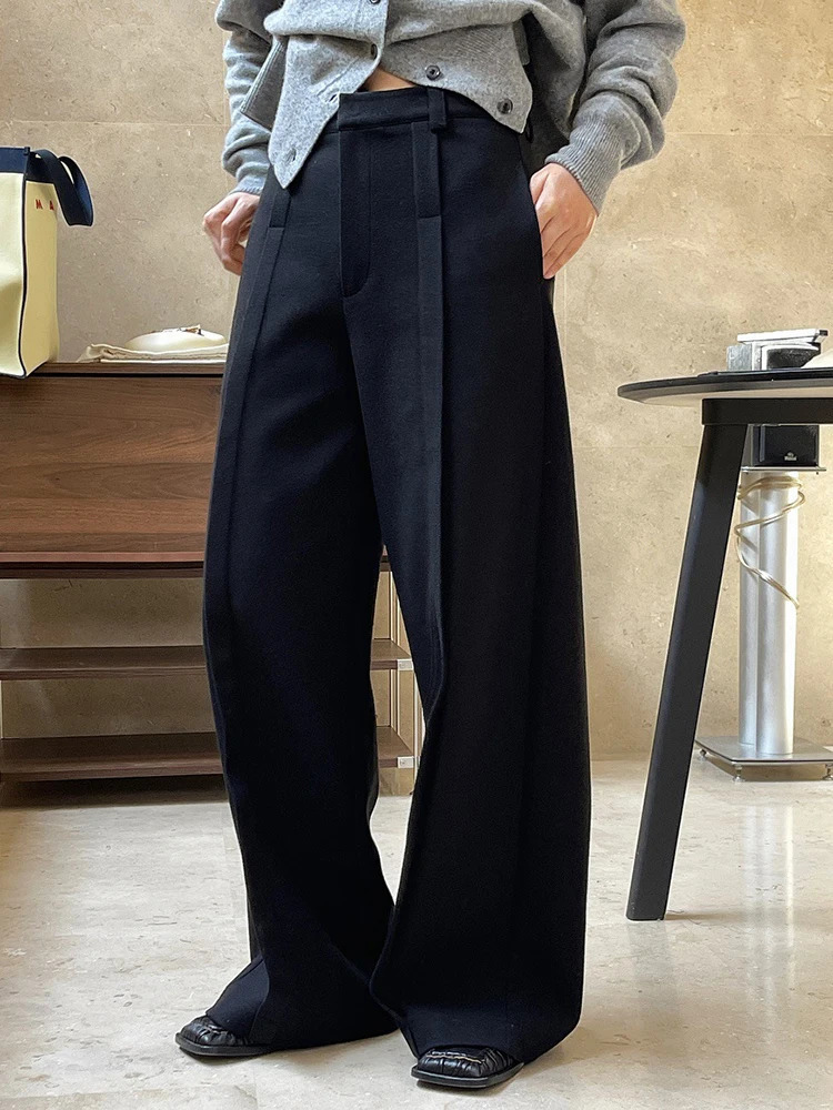LANMREM Winter Black Pants Women Spliced High Waist Pleated Wide Leg Trousers Minimalism Female Clothing 26D6954 250106