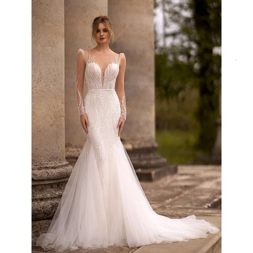 Sexy Deep Neckline V-neck Wedding Sequins Fringed Illusion Long Sleeves Custom Train Detachable Mermaid Bridal Dress