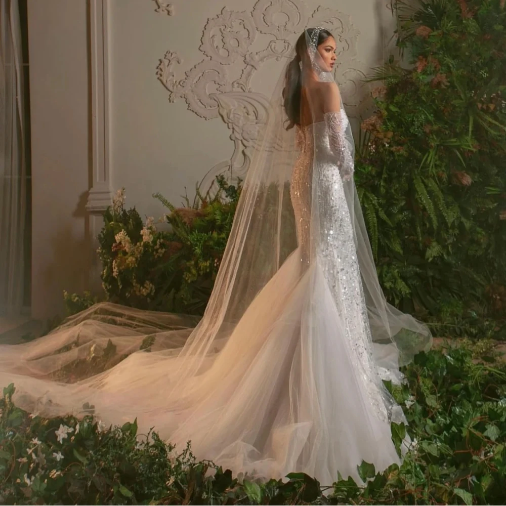 Elegant Mermaid Wedding Dresses For Women Strapless Sleeveless Gown Sequins Pearls Sweep Train Customized Dress