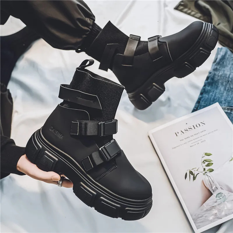 Original Platform Mens Boots Fashion Buckle Boot Man Socks High Top Boot Street Style Beige Biker Ankle Boots For Men 250114