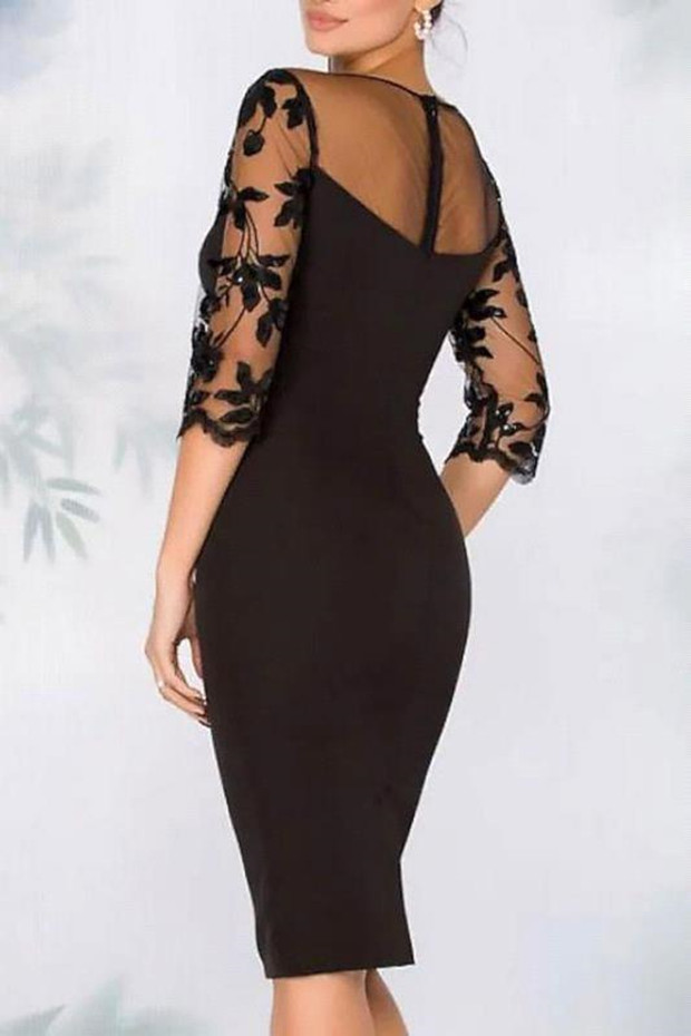 Elegant 3/4 Long Sleeves Lace Mother Sheer Crew Neck Applique Sheath Tea Length Formal Party Evening Dresses BC18846 0116