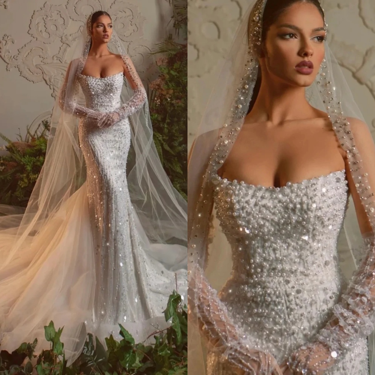 Elegant Mermaid Wedding Dresses For Women Strapless Sleeveless Gown Sequins Pearls Sweep Train Customized Dress