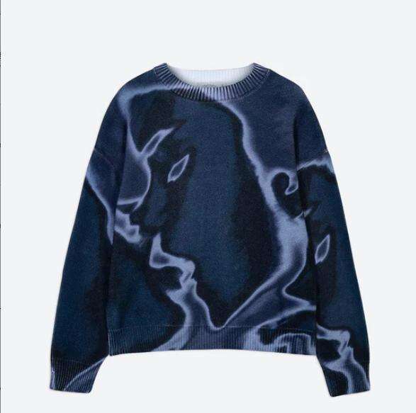 Personalized Graffiti Street American Cool Trendy People Like Loose Round Neck Heavy duty Knitted Sweaters in Autumn and Winter