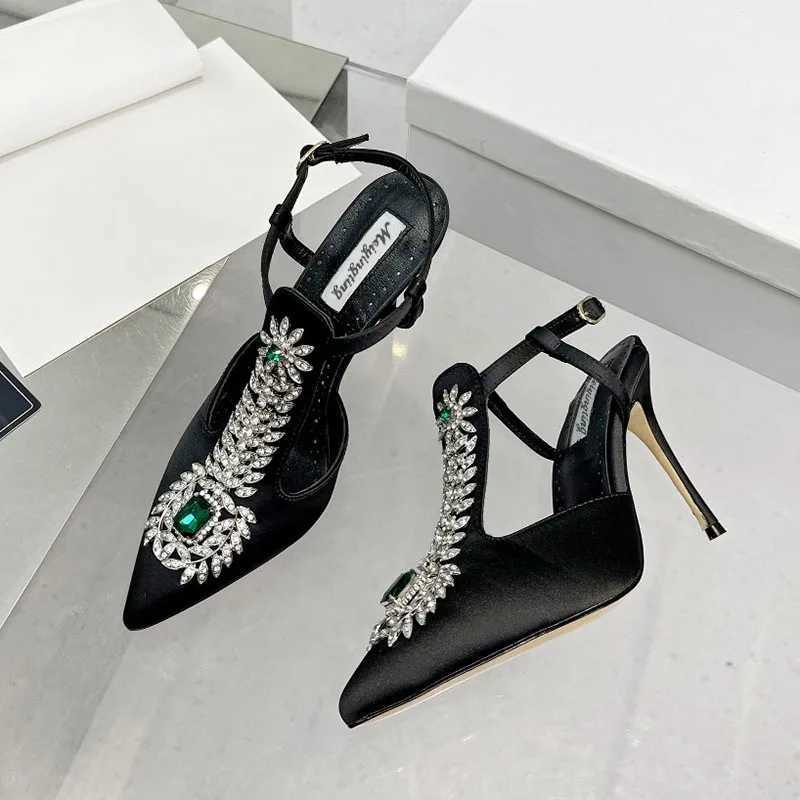 Ladies Wedding Shoes Rhine Pointed Toe High Heels Satin Gemste Stiletto Sandals 2022 New Baotou Fairy Pump Wedding ShoesXJ250116