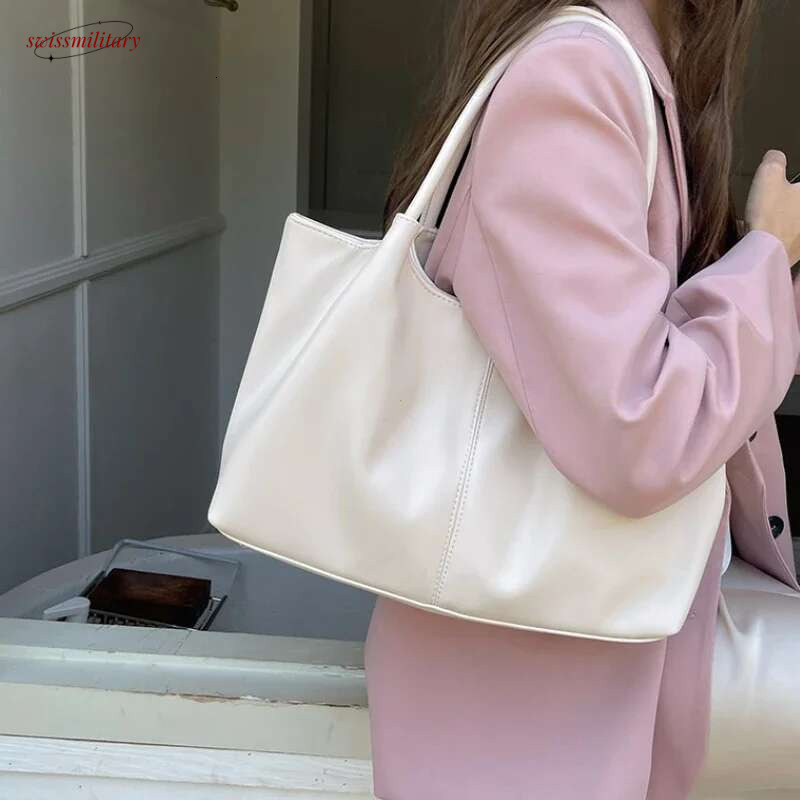 Simple White Shoulder Women's PU Leather Soft Underarm Tote School Large Capacity Bag Full Student Shopping Handbag swissmilitary