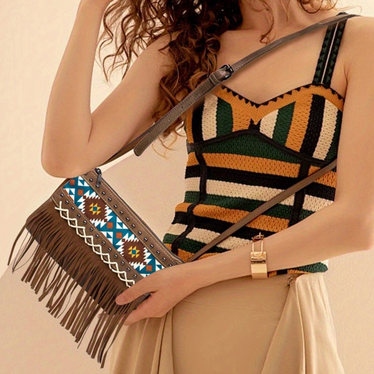 New Designer Printed Canvas Bag Tassel Trendy Western Style Crossbody Bag Bohemian Bag Casual Bag Beach Bag Travel Bag