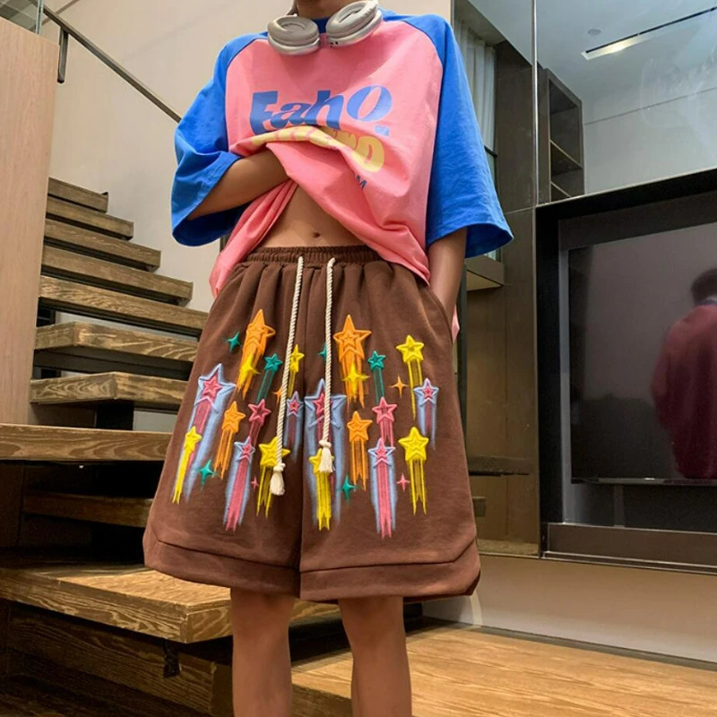 Star Graffiti shorts mens casual Y2k summer shorts hip-hop bag wide leg pants fashionable Harajuku oversized Korean daily sweat pants 250109
