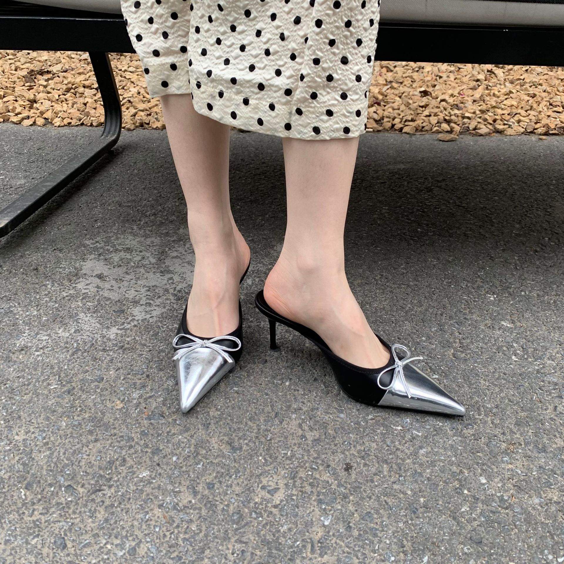 Designer Butterfly-knot Pointed Toe Mules Slipper For Women Fashion Shallow Thin High Heels Female Shoes EU35-39
