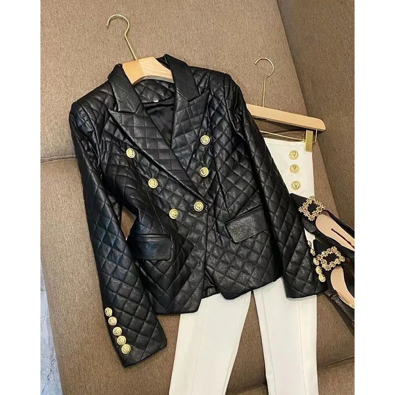 Thickened HighEnd Black Short Leather Jacket Women Shoulder Pads Autumn Fashion Blazer Coat Customized Suit Female 250114