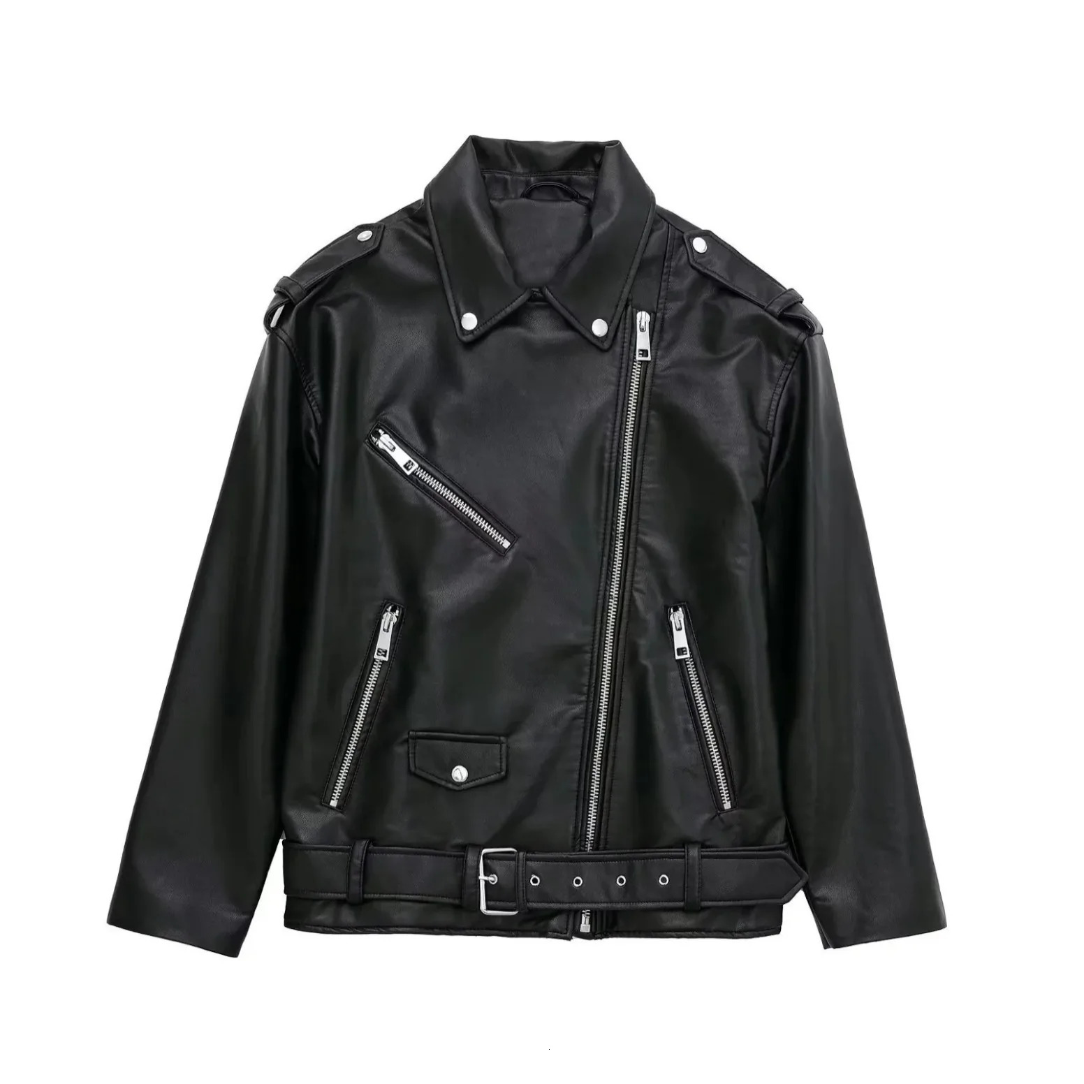 Spring Autumn Womens Leather Jacket Black Lapel Zipper Girl Street Motorcycle Outwears 250113Z