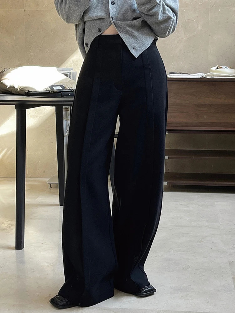 LANMREM Winter Black Pants Women Spliced High Waist Pleated Wide Leg Trousers Minimalism Female Clothing 26D6954 250106