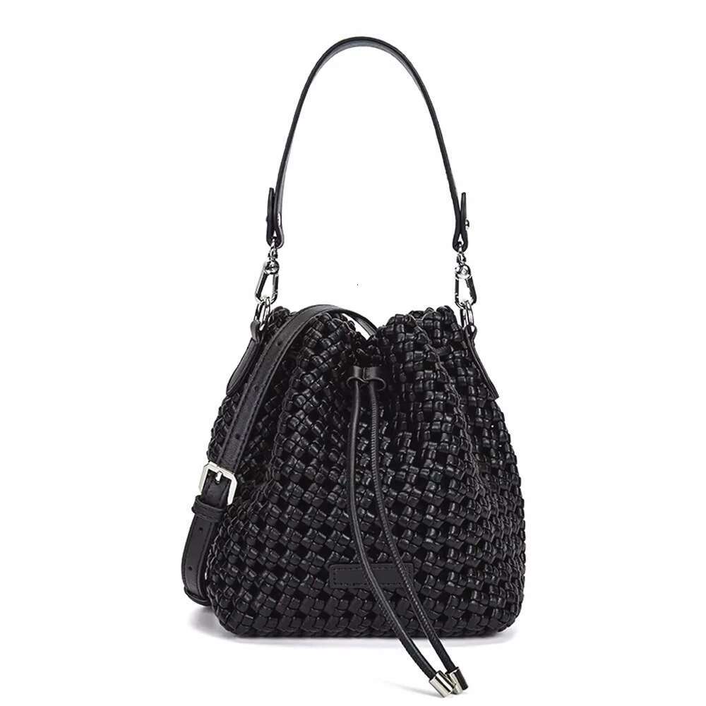 Annmouler Hand-Woven Handbag For Women Mini Knot Designer Woven Black Bucket Bag With 2 Shoulder Straps