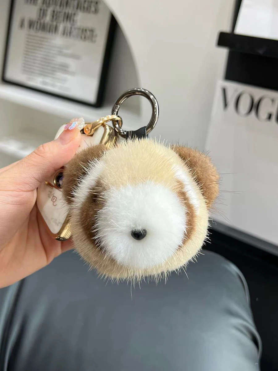 Cute Raccoon Real Mink Fur Keychain Plush Toy Trinkets Women Bag Hanging Ornaments Car Key Metal Ring Pendant Kids Classic Gift 250110