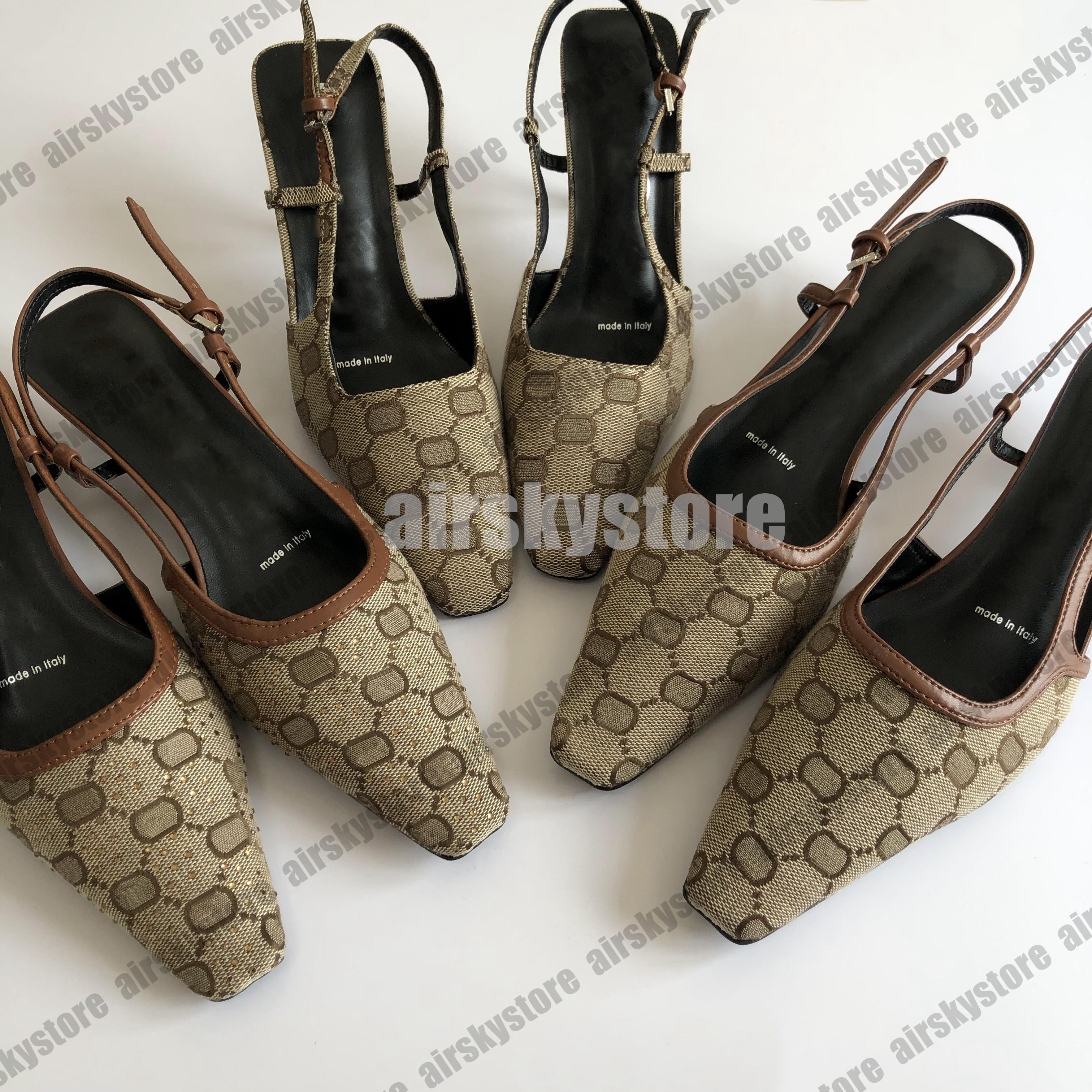 Designer Shoes Slingback high heels Lace up shallow cut Derss shoes Women Sandals Mid Heel Black mesh crystals sparkling Print shoes Leather Ankle Strap sandal