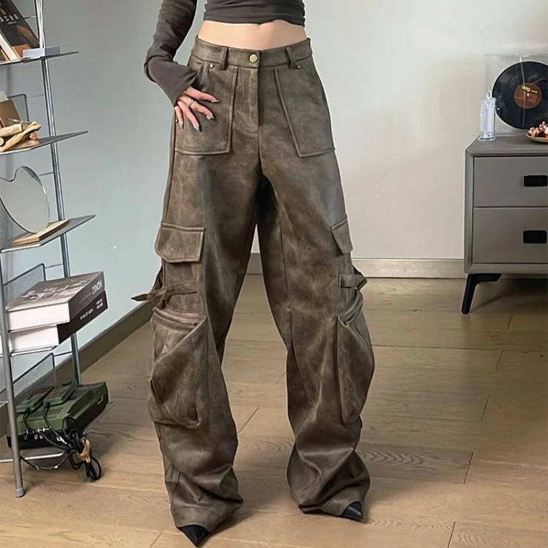 Deeptown Y2k Baggy Leather Cargo Pants Women America High Street Casual Trashy Wide Leg Trousers 2000s Harajuku Pantalones Z260314