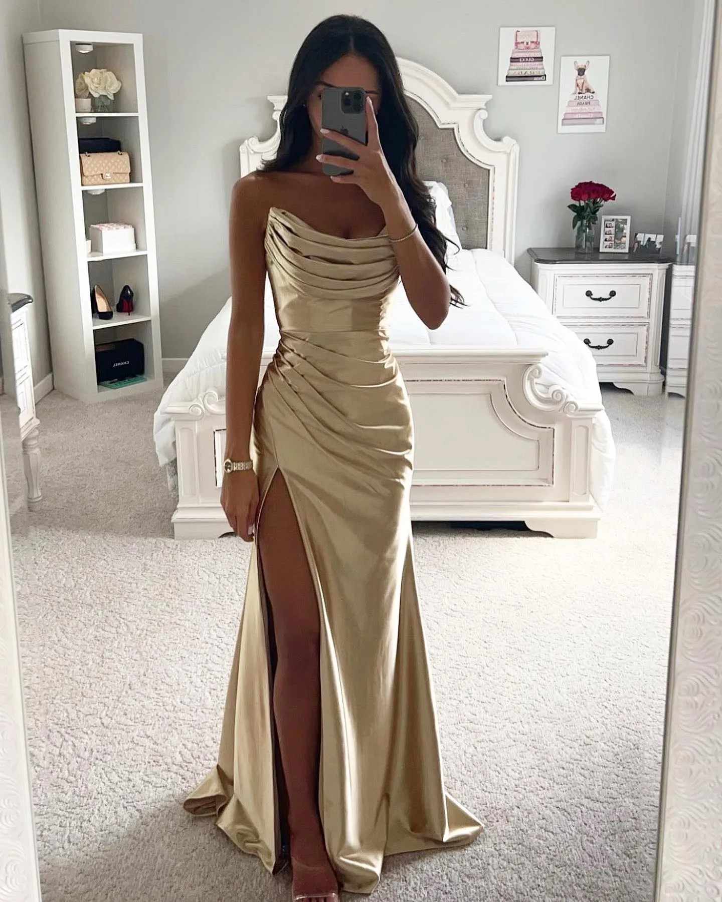 Sexy Champagne Gold Prom Dresses Strapless Evening Gowns Pleats Sheath Split Formal Red Carpet Long Special Occasion Party Birthday Celebrity Dress Cu