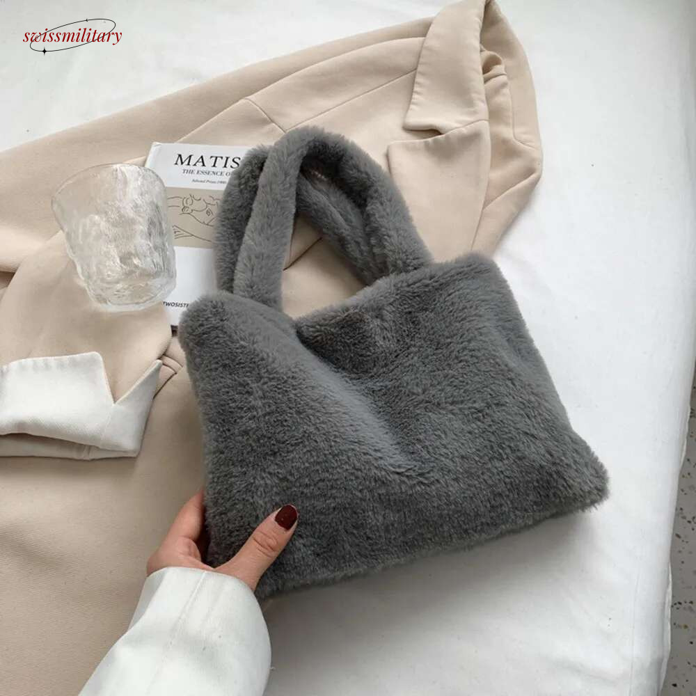 Women Girls Fluffy Shopping Fashion Autumn Winter Top-handle Handbag Plush Tote Shoulder Bag swissmilitary