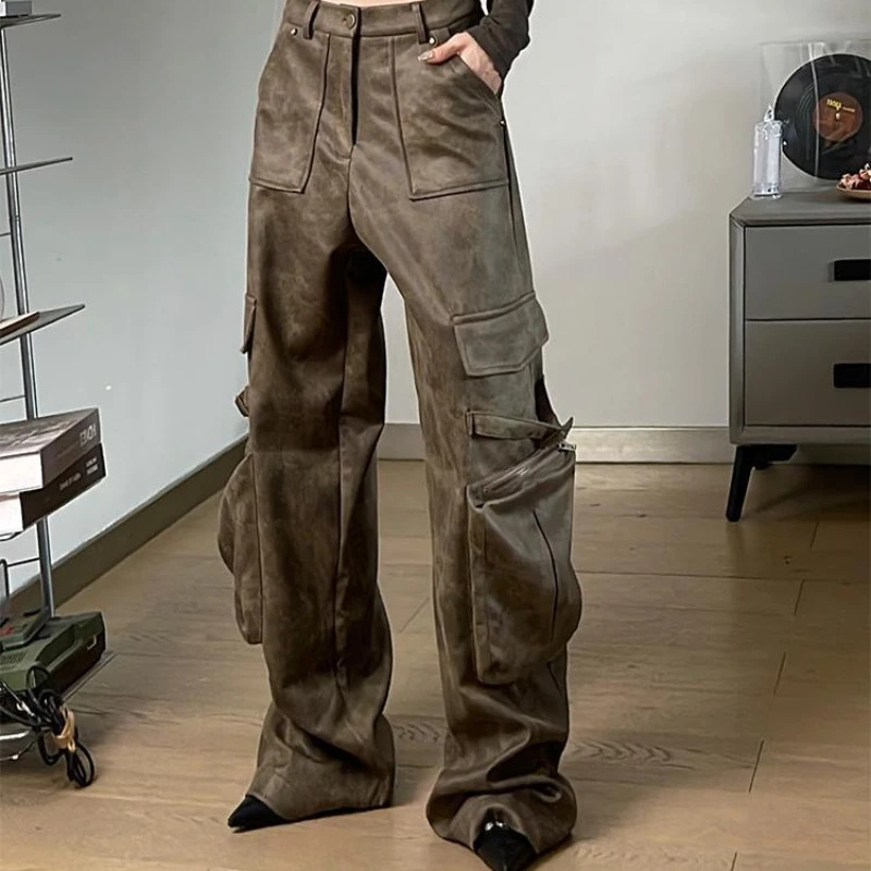 Deeptown Y2k Baggy Leather Cargo Pants Women America High Street Casual Trashy Wide Leg Trousers 2000s Harajuku Pantalones Z260314