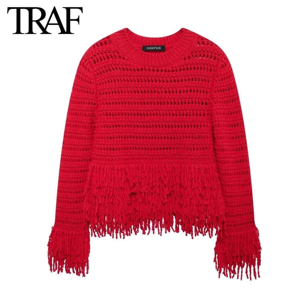 TRAF Women Fashion Autumn Winter New Solid Tassel Sweater Long Sleeves Round Neck Pullover Tops Chic Female Knit Sweaters Mujer