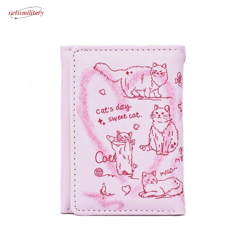 Portable Letter Printed Pink Cat Sewn Pendant PU Zero Wallet Waterproof Spring Rope Short Money Bag Shopping swissmilitary