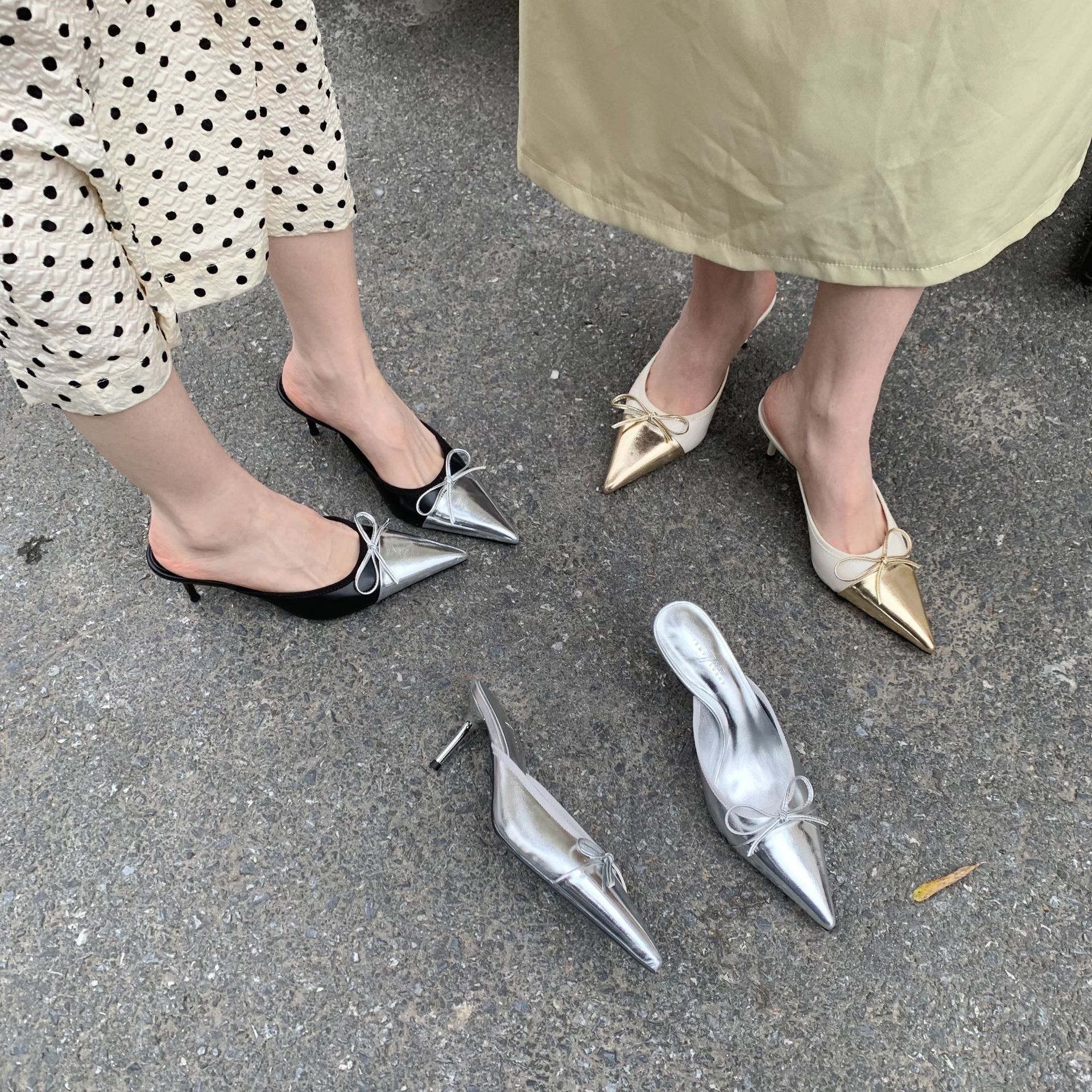 Designer Butterfly-knot Pointed Toe Mules Slipper For Women Fashion Shallow Thin High Heels Female Shoes EU35-39
