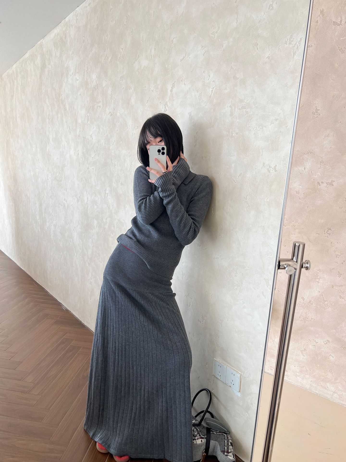 LW7160 High-grade grey wool knitted skirt for women autumn and winter hip-covering large skirt thick long skirt