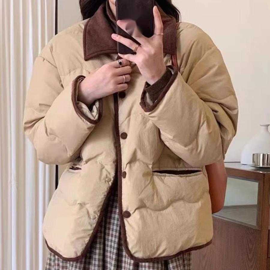 Cotton Jacket Womens Short Design With Striped Plush Contrasting Color Lapel Loose Bread Jacket Winter College Style Jacket Cotton Jacket Women Jacket