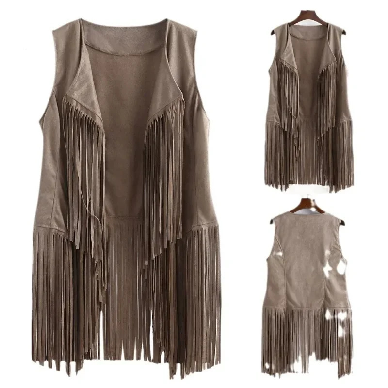 Fringe Vest Soft Cow Vest Sleeveless Cropped Fringe Jackets Brown Tassel Vest Hippie Costumes 250113