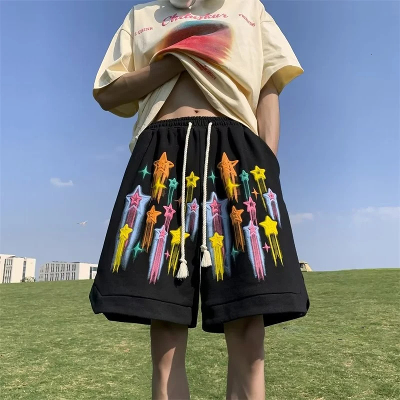 Star Graffiti shorts mens casual Y2k summer shorts hip-hop bag wide leg pants fashionable Harajuku oversized Korean daily sweat pants 250109