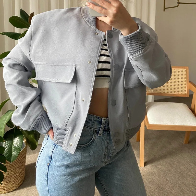 Solid Color Long Sleeve Womens Bomber Jacket Fashion Zipper Up Vintage Coat Tops Elegant Loose Basic Ladies Jackets 250113