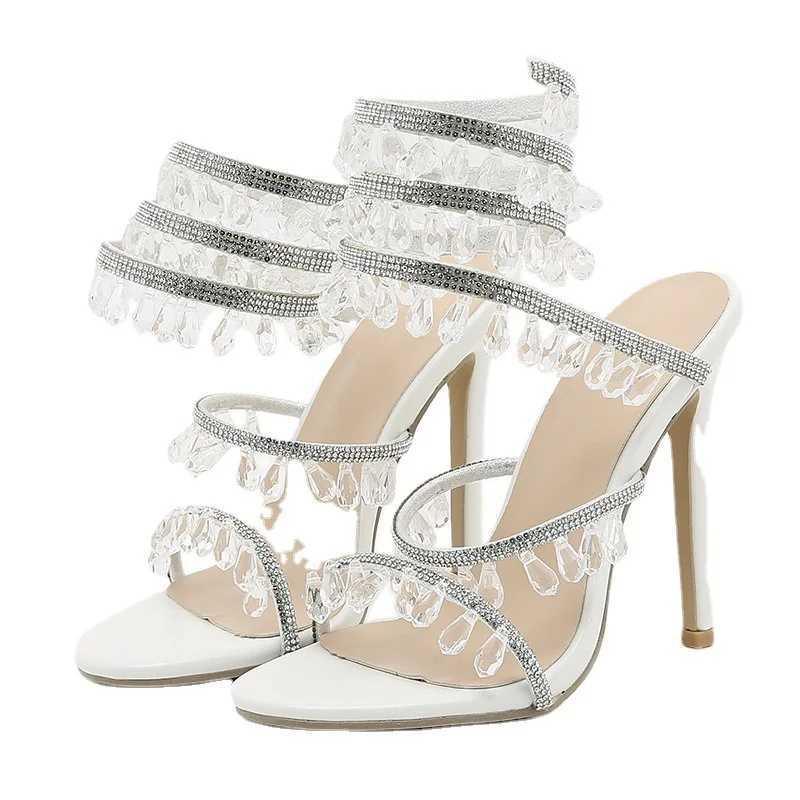 2024 New Snake Wrapped Water Diamd Tassel High Heel Sandals for Women Peep Toe Elegance Fairy Crystal Shoes Wedding ShoesXJ250116