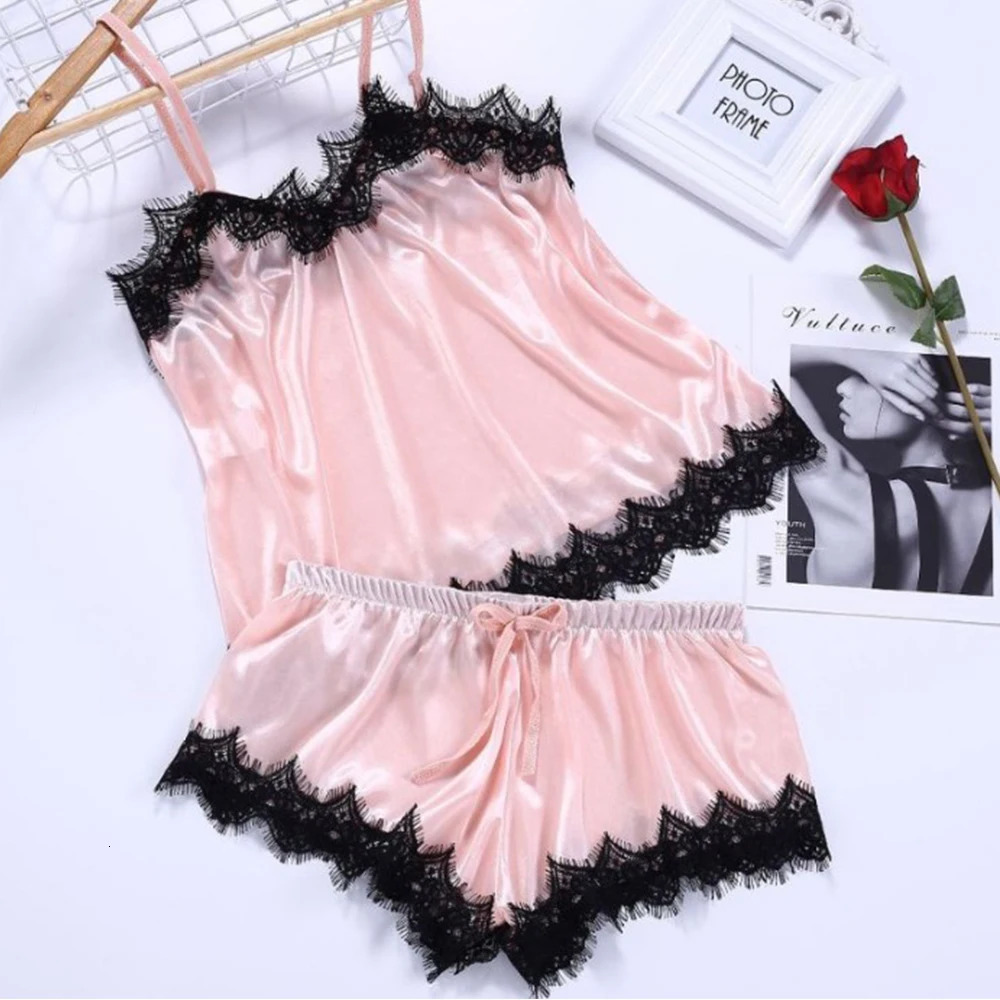 Sexy Lingerie For Women Plus Size Satin Lace Vneck Camisole Bowknot Shorts Set Sleepwear Pajamas 250106
