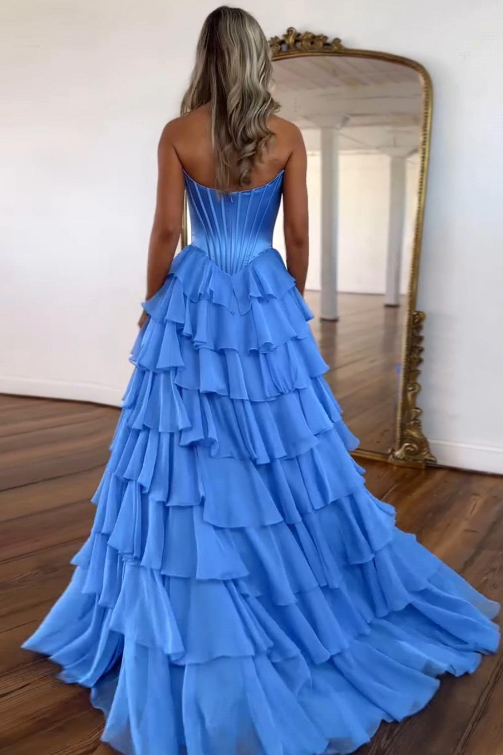 Fantacy Blue Chiffon Mermaid Prom Dresses Sexy Backless Sweetheart Tier Ruffles Long Evening Gowns Women Special Occasion Wears Bc20014 B0312