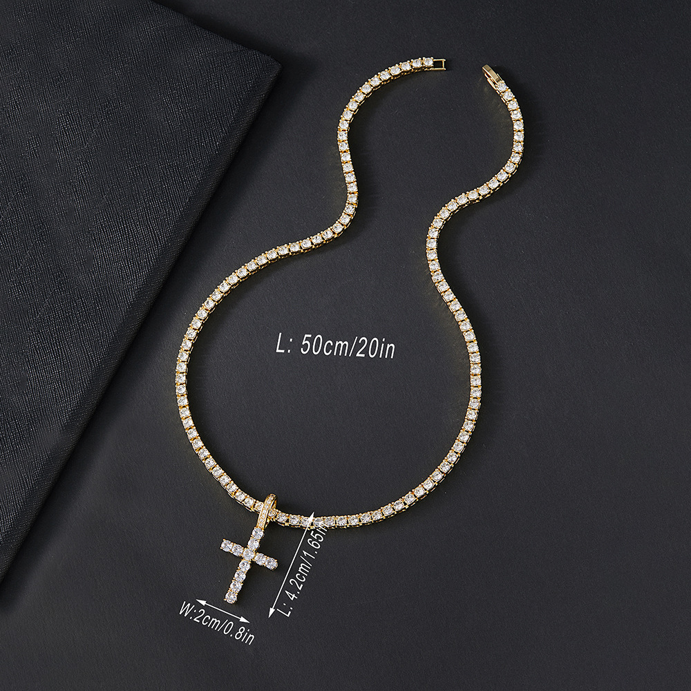 Tennis Chain Moissanite VVS Dia zircon Sier Cross Pendant Necklace for Men & Women 20 in