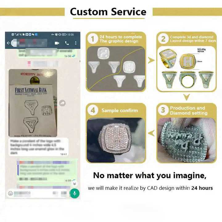 Fashion Jewelry Custom VVS Moissanite Ring Hip Hop Initial Letter Ring 925 Silver 10k 14k Real Gold Men Jewelry